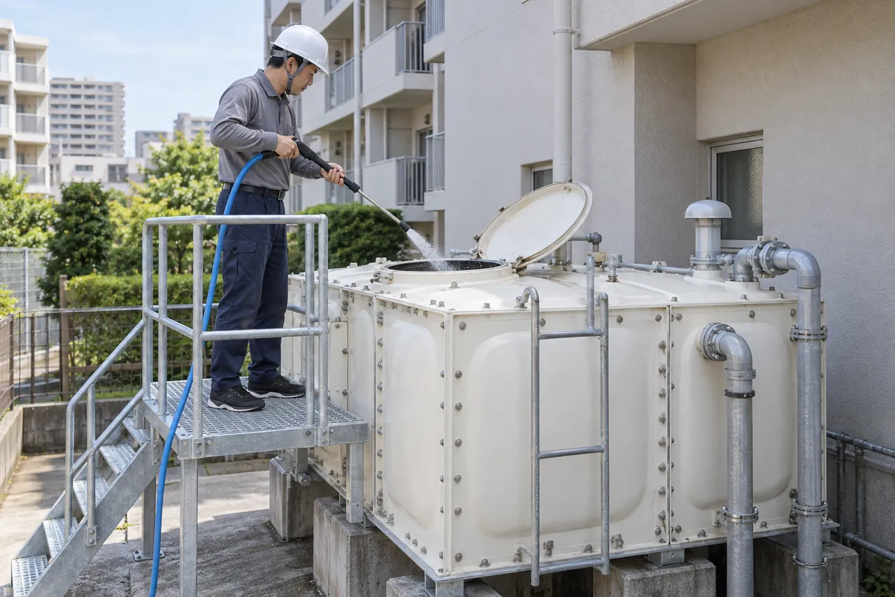 マンションの受水槽で清掃する作業員