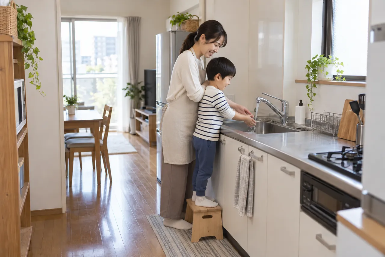 キッチンで靴下を履いた母親と子どもが手洗いする様子