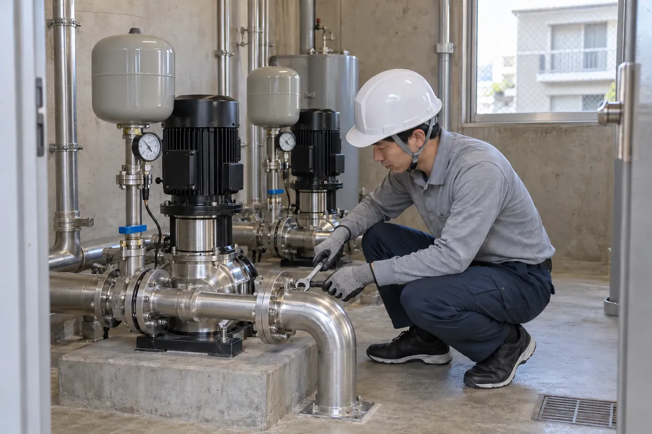 作業手袋を着用し、ポンプ室で給水ポンプを点検する作業員